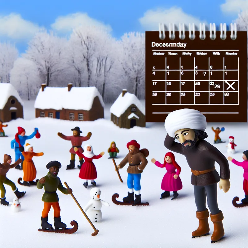 Een vrolijke winterlandschap met een groep mensen die plezier hebben, terwijl één figuur zichtbaar gefrustreerd is door een lege kalender.
