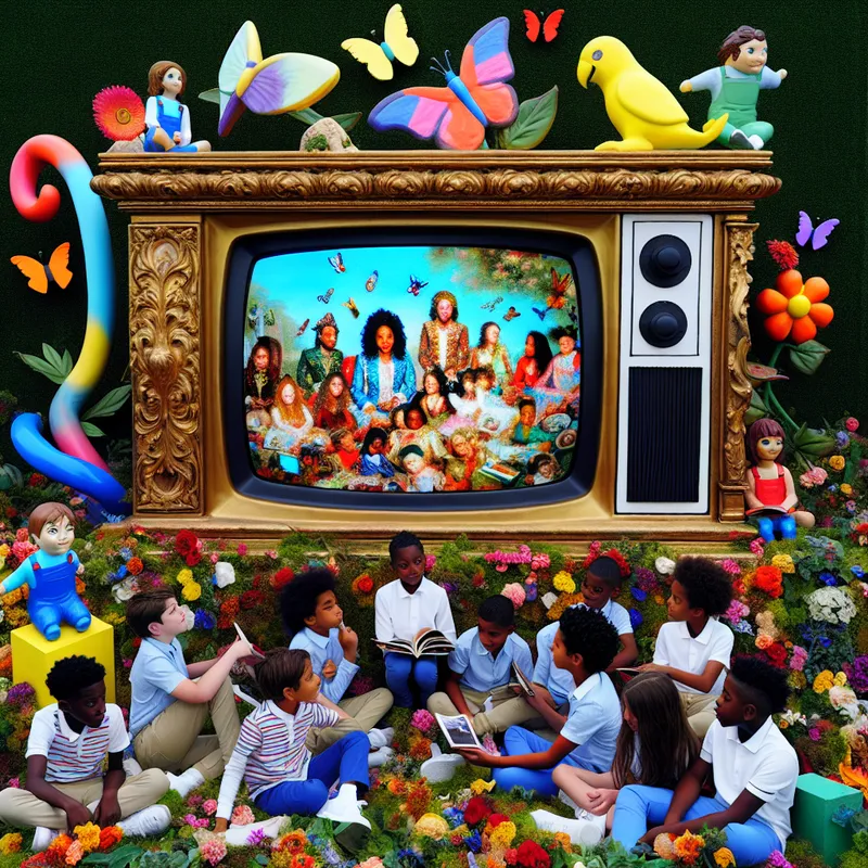 Een grote televisie in een kleurrijke tuin met kinderen die leren.