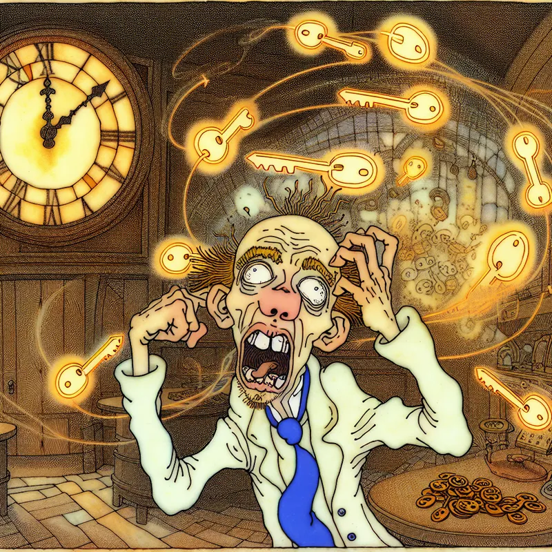 Cartoonfiguur gefrustreerd in rommelige kamer met zwevende sleutels en draaiende klok, symbool voor herhaling en irritatie
