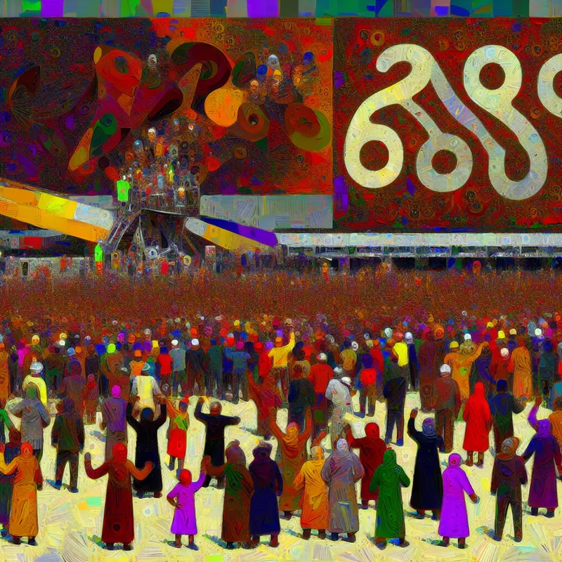 Abstracte afbeelding van een levendige menigte die bezoekers telt, met handen omhoog en chaotische getallen op de achtergrond.