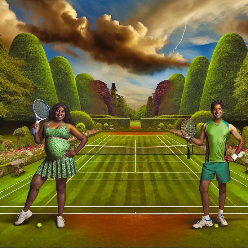 Tennispartners staan gereed om te spelen op een groen tennisveld omringd door bomen onder een dramatische lucht.