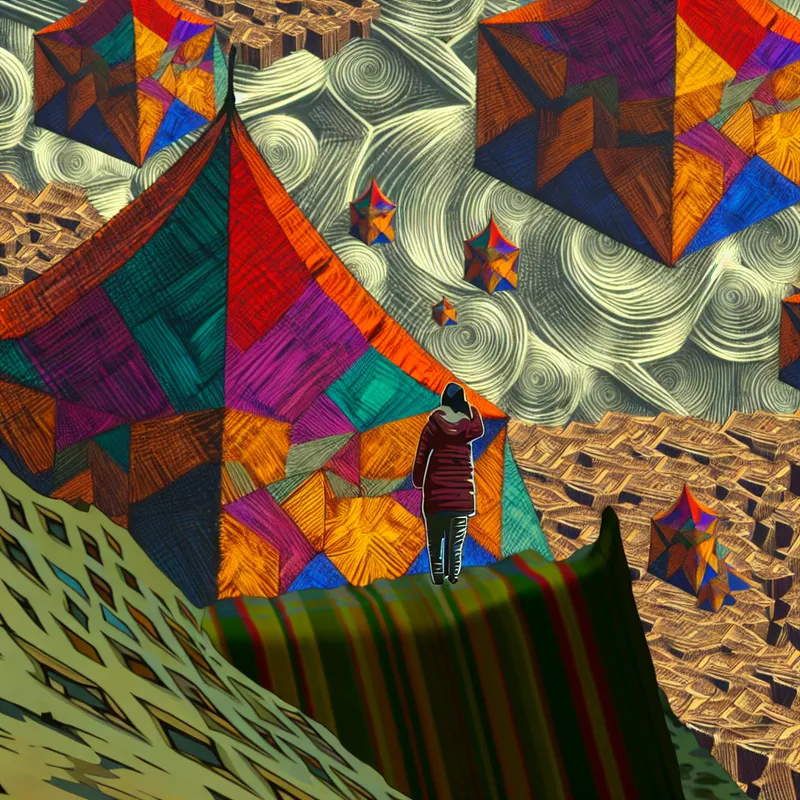 Een figuur zet een kleurrijke tent op in een surrealistisch landschap met optische illusies, geïnspireerd door M.C. Escher.