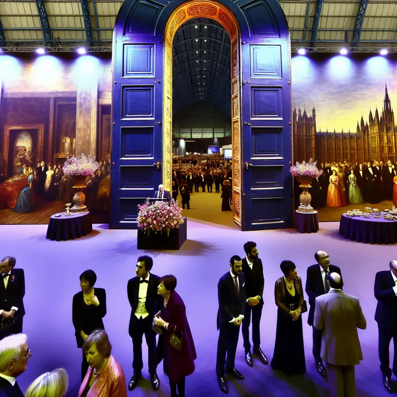 Grote tentoonstellingshal met imposante deuren op een kier en een groep elegant geklede mensen die luisteren naar een spreker.