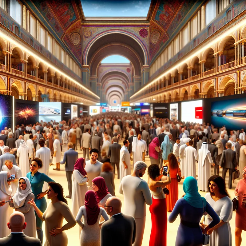 Drukke tentoonstellingshal met bezoekers die innovatieve gadgets bewonderen