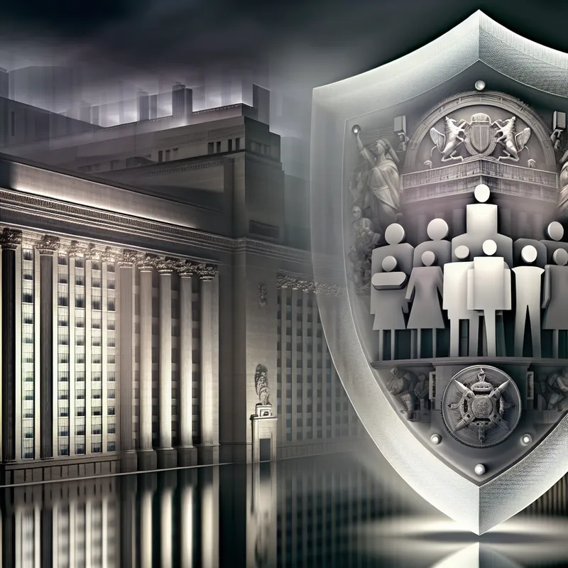 Hyperrealistisch surrealistisch schilderij van een monumentaal overheidsgebouw met een zwevende sierlijke schild ter bescherming van diverse burgers, symboliserend doel en bestemming in formele context