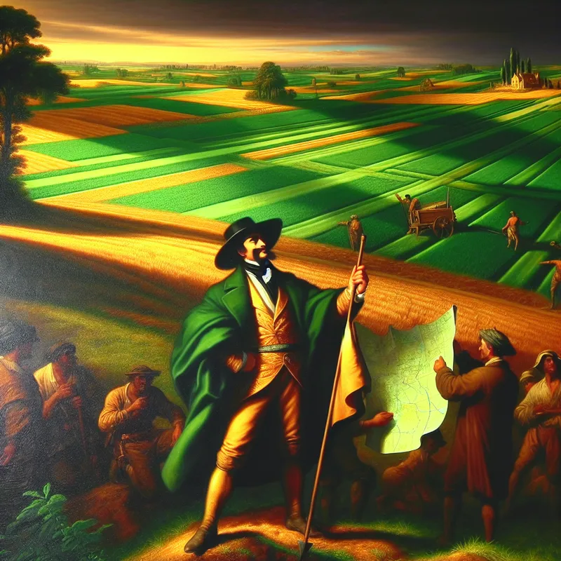 Barokke voorstelling van een welvarende landeigenaar die trots staat op zijn uitgestrekte terrein met groene velden en arbeiders op de achtergrond