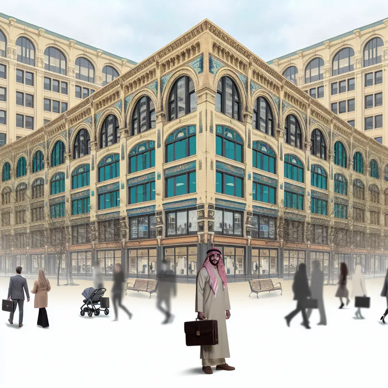 Een vrolijke persoon met een aktetas die terugkeert naar werk in een drukke maar nostalgische downtown omgeving.