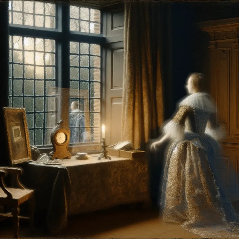 Elegant 17e-eeuws interieur met persoon in historische kleding die peinzend uit een raam kijkt, symbolisch voor het verleden en herinneringen, met subtiele moderne elementen en tijdssymboliek