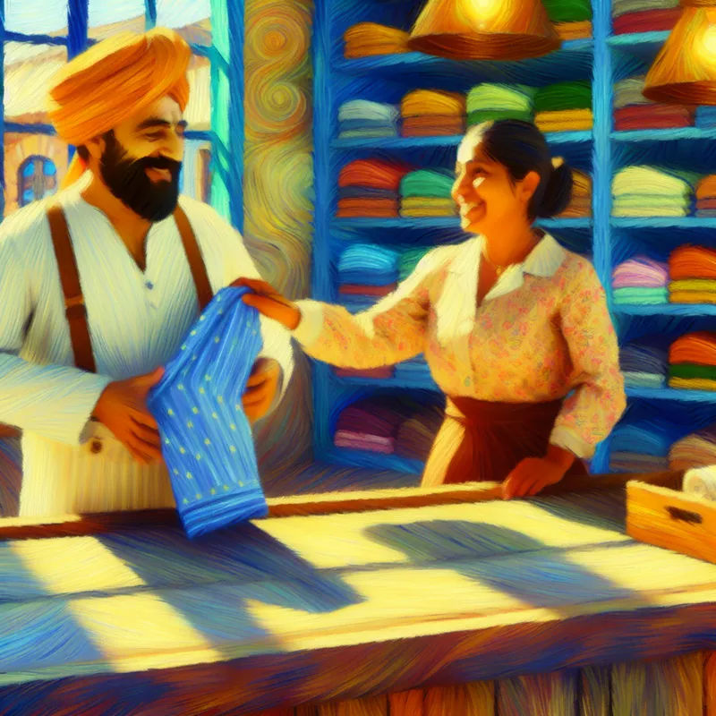 Een klant geeft een kledingstuk terug aan een blije winkelbediende in een levendige marktscène.