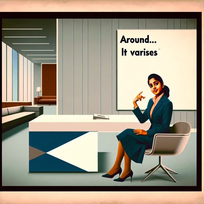 Persoon in retro-futuristisch kantoor houdt terughoudend een kaartje omhoog met vaag antwoord zoals 'Rond...'