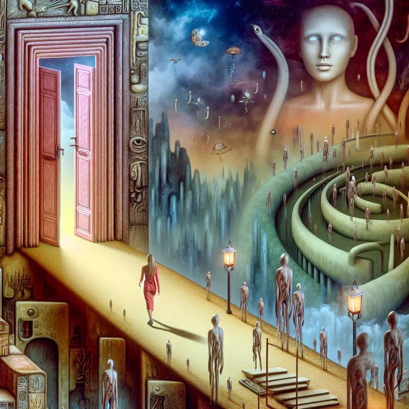 Surrealistisch kunstwerk in de stijl van Hieronymus Bosch met een magische deur die zich sluit terwijl een persoon erdoor stapt, symboliserend terugkeer naar een oorspronkelijke toestand