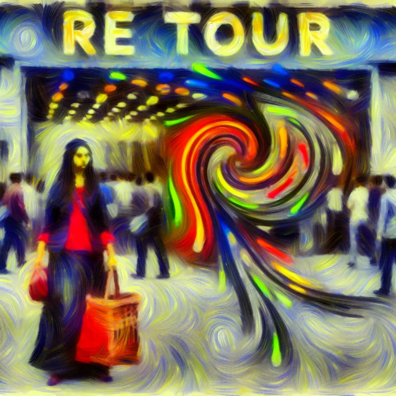 Abstract expressionist afbeelding van een shopper die gefrustreerd een geretourneerd item vasthoudt bij de ingang van een winkel met een groot sign "Retour".