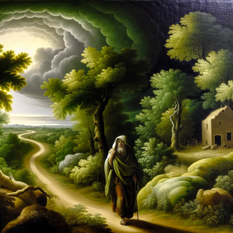 Een vermoeide reiziger wandelt een kronkelig pad af naar een gezellige huis onder een dramatisch bewolkte lucht, omringd door weelderig groen en grote bomen.