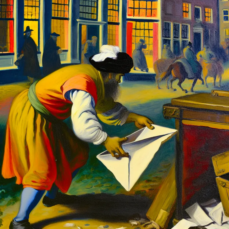 17e-eeuwse persoon die een brief terugstuurt met een levendige uitdrukking en dynamische beweging, geschilderd in de stijl van Frans Hals