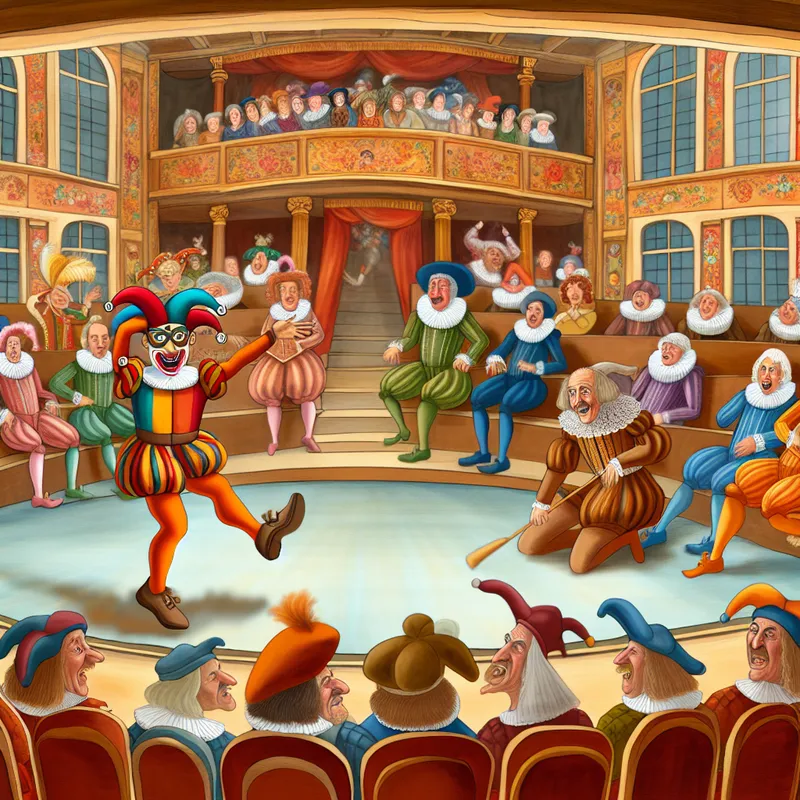 Een levendige theaterscène met een humoristische uitvoering van een Shakespeareaanse toneelstuk, waarbij acteurs in kleurrijke kostuums interactie hebben met het publiek.