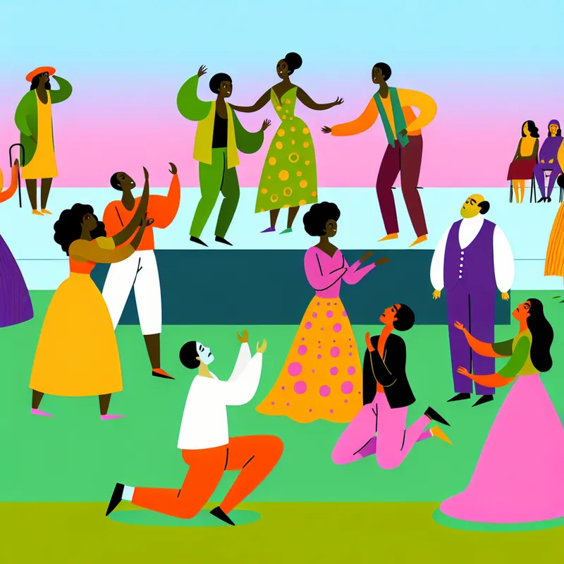 Acteurs in kleurrijke kostuums repeteren voor een theateruitvoering in een park, met een publiek dat lacht en geniet.