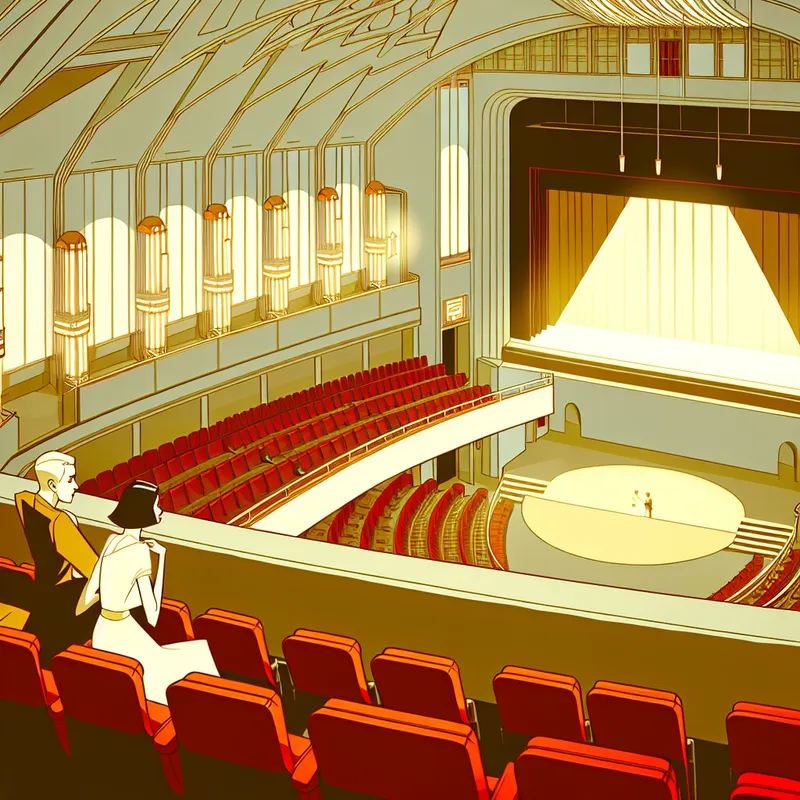 Retro-futuristische illustratie van een theaterzaal met rode balkonstoelen en een stel dat naar het verlichte toneel kijkt