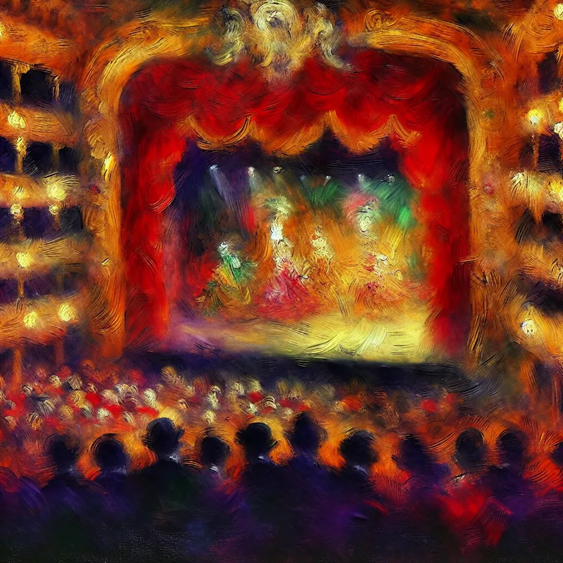 Het moment waarop het theaterdoek opgaat, onthullend een kleurrijk podium met enthousiaste toeschouwers.