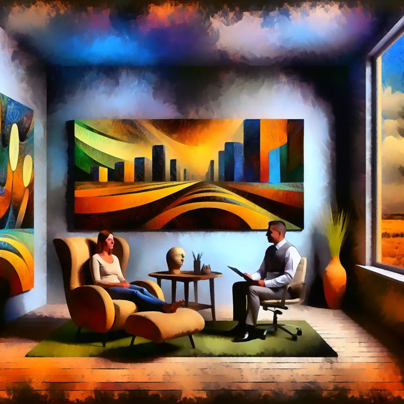 Zicht op een therapieruimte met een vrouw in een comfortabele stoel die haar gevoelens deelt met een aandachtige psycholoog aan een modern bureau.