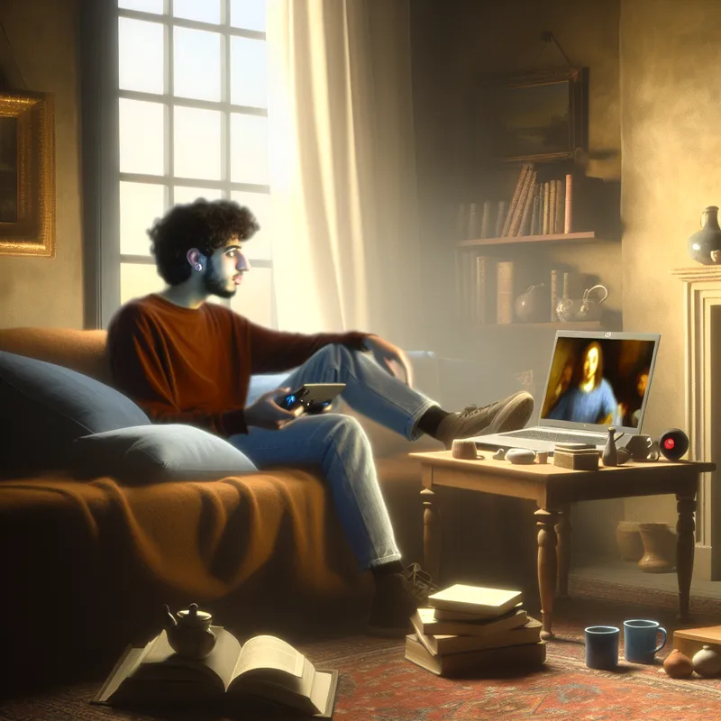 Een jonge man zit comfortabel op een bank in een sfeervol verlichte woonkamer, terwijl hij een videogesprek voert met vrienden op zijn laptop. Persoonlijke spullen zoals boeken en een koffiemok zijn in de ruimte verspreid.