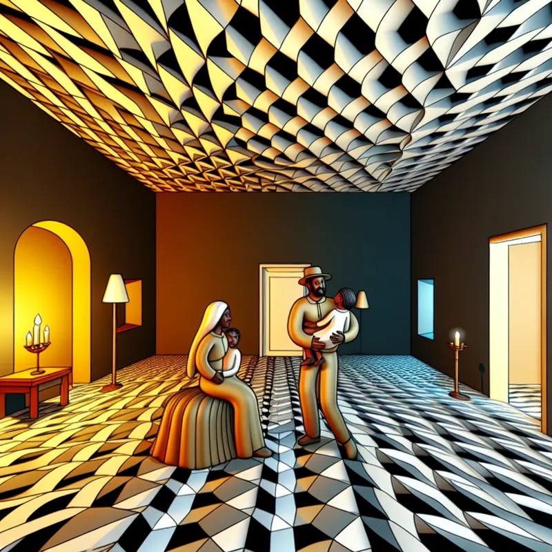 Surrealistische voorstelling van thuiskomen en geborgenheid in de stijl van M.C. Escher, met een gezin dat herenigd wordt in een warme, geometrische ruimte vol liefde en eenheid