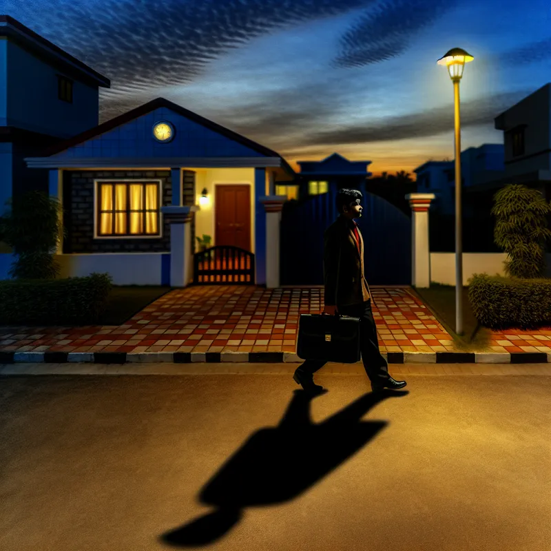 Persoon met aktetas loopt naar huis op een met kinderkopjes geplaveide straat bij zonsondergang, in de stijl van Rembrandt.