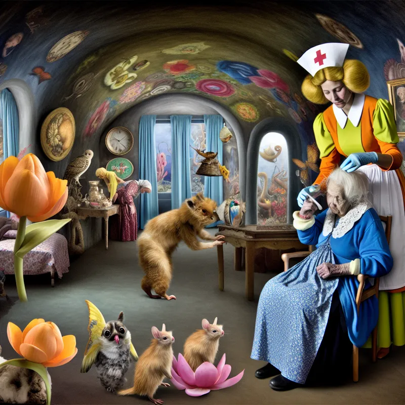 Een oudere vrouw die in haar fantasierijke huis zit, terwijl een verpleegkundige haar helpt met persoonlijke verzorging in een surrealistische omgeving.