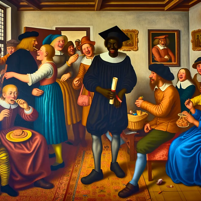 Een tiener jongen viert zijn middelbare school diploma te midden van vrienden en familie in een kleurrijke Nederlandse woonkamer.