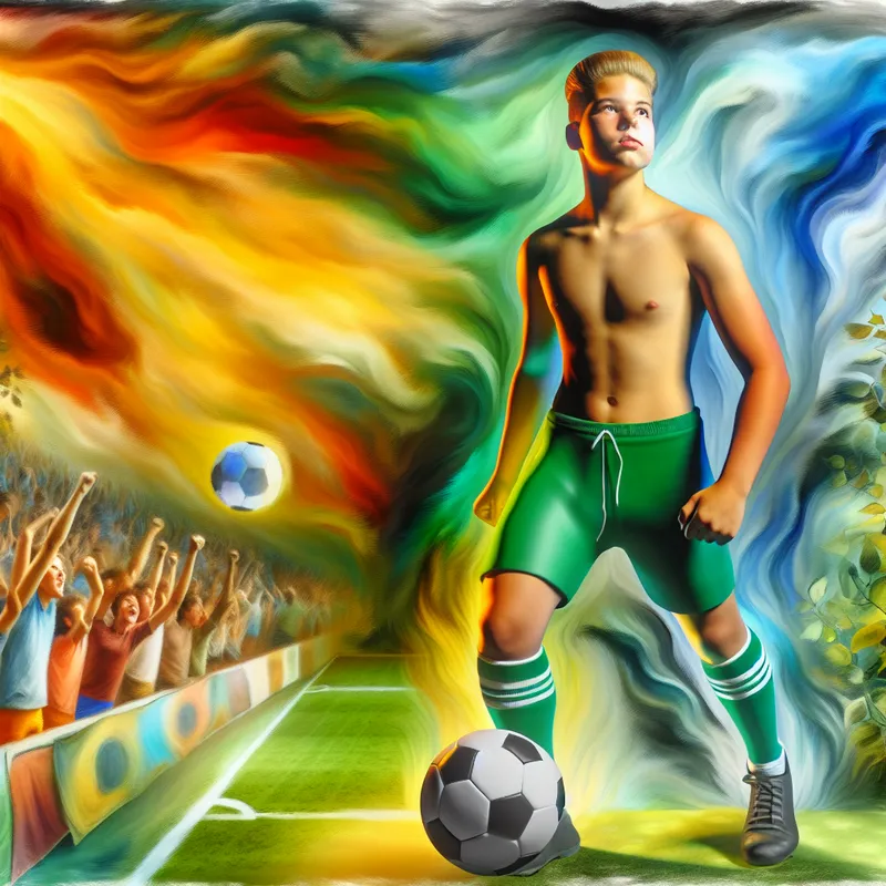 Een jonge tiener jongen met een voetbal, gekleed in sportkleding, die zelfverzekerd naar de horizon kijkt op een levendig voetbalveld.