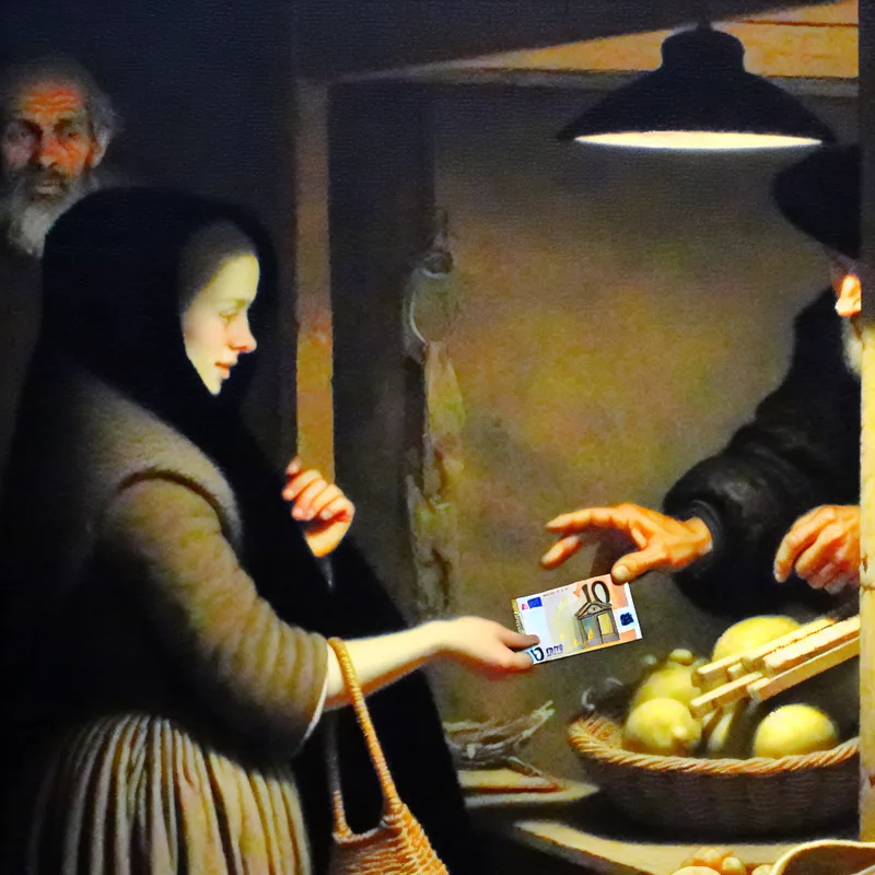 Hand die een tientje (10 euro biljet) overhandigt bij een marktkraam in een 17e-eeuws Hollands tafereel