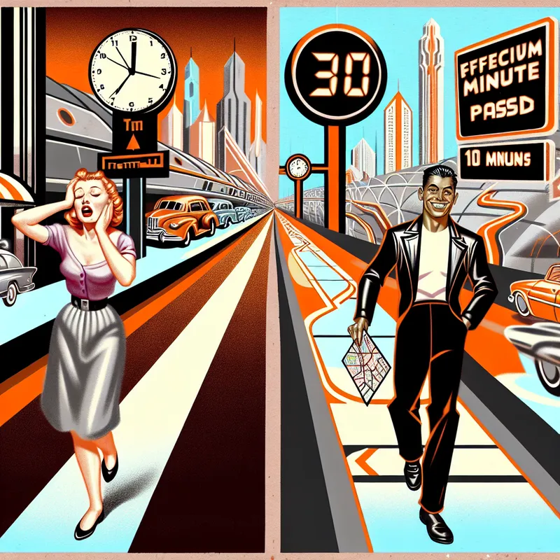 Retro-futuristische illustratie van twee routes in een stad: een lange, vermoeiende weg en een korte, efficiënte route die tijd bespaart