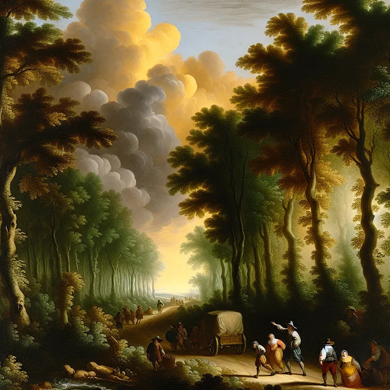 17e-eeuws Nederlands landschap met reizigers op een kronkelend bospad, zonlicht filtert door dramatische wolken, dorp in de verte zichtbaar