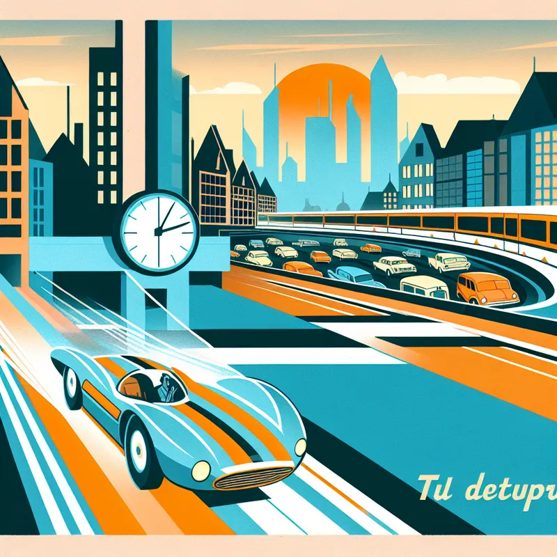 Retro-futuristische illustratie van een stad met een snelle auto die een file omzeilt, tijd besparend door een kortere route te nemen