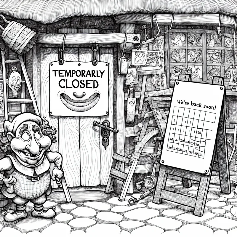 Kleurrijke cartoonwinkel met 'Tijdelijk Gesloten' bord tijdens renovatie, met expressieve personages en speelse details