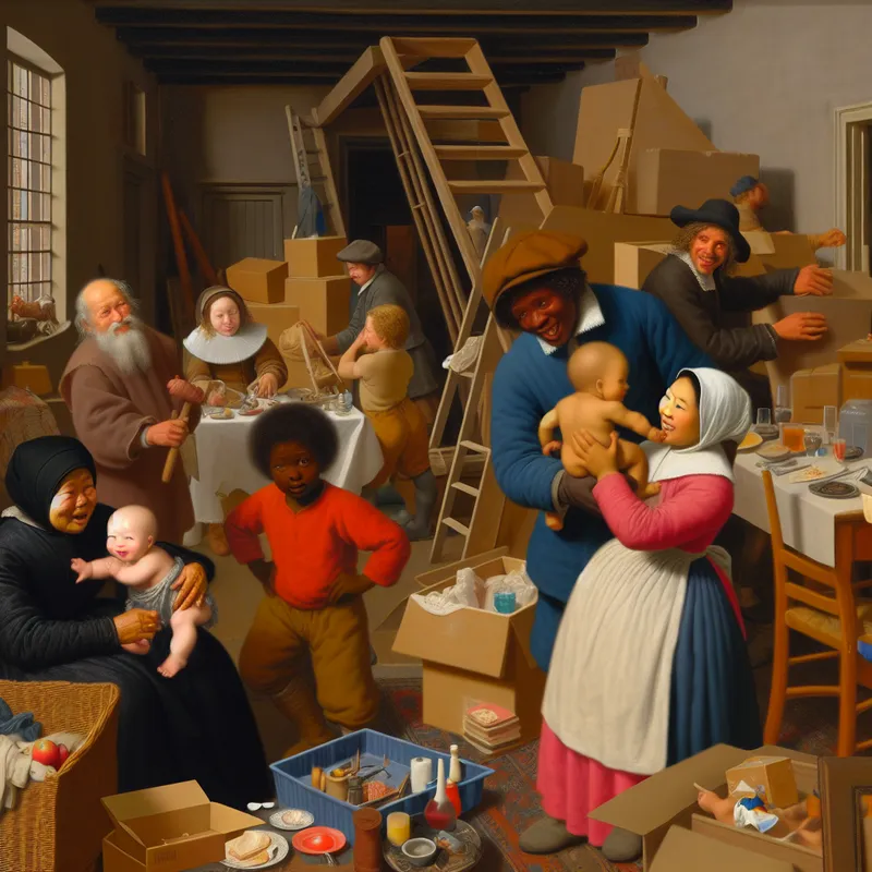 Een levendige familiescène die tijdelijk wonen illustreert, met een vrolijk gezin bezig met dagelijkse activiteiten in een gezellige woonkamer.