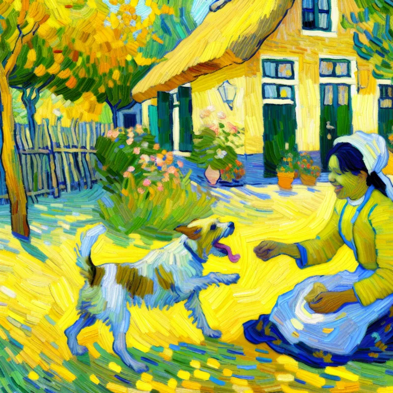 Vriendelijke persoon die tijdelijk voor een blije hond zorgt in een zonnige tuin, in Van Gogh-stijl geschilderd