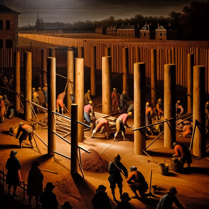 Een tijdelijke bouwplaats met houten palen en hekken, waar arbeiders druk bezig zijn met het afbakenen van een renovatiegebied.