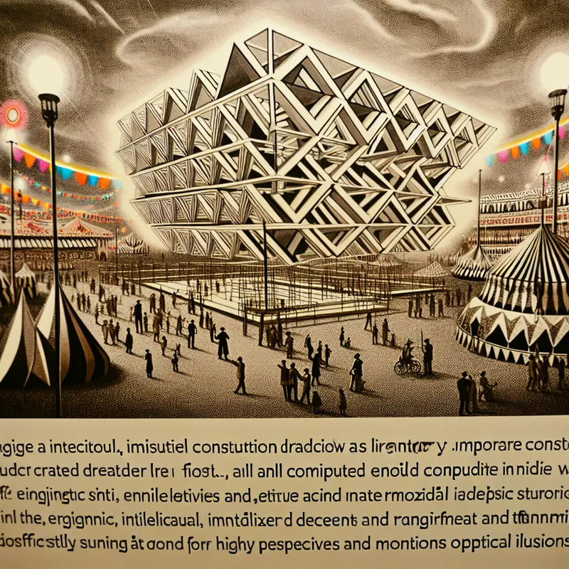 Een kleurrijke tijdelijke constructie voor een festival, geïnspireerd op de stijl van M.C. Escher, met geometrische patronen en onmogelijke hoeken.