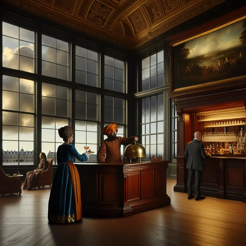 Kleine houten bar in klassieke hotellobby met elegante gasten en een bartender in historische kleding, stijl van Jacob van Ruisdael