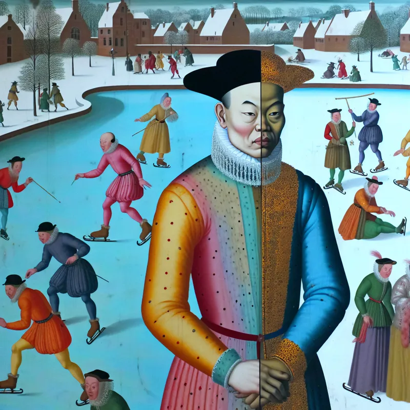 Illustratie van een tijdelijke gemoedstoestand in een levendige winterse scène op een bevroren kanaal, met een persoon die zowel vrolijk als somber kijkt