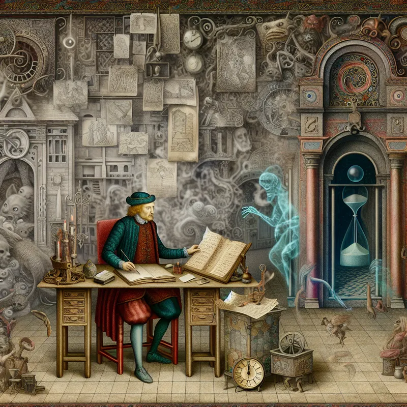 Surrealistisch kantoor in Bosch-stijl met een tijdelijke vervanger aan een bureau, omringd door symbolische wezens en een spookachtige figuur die de oorspronkelijke functiehouder voorstelt