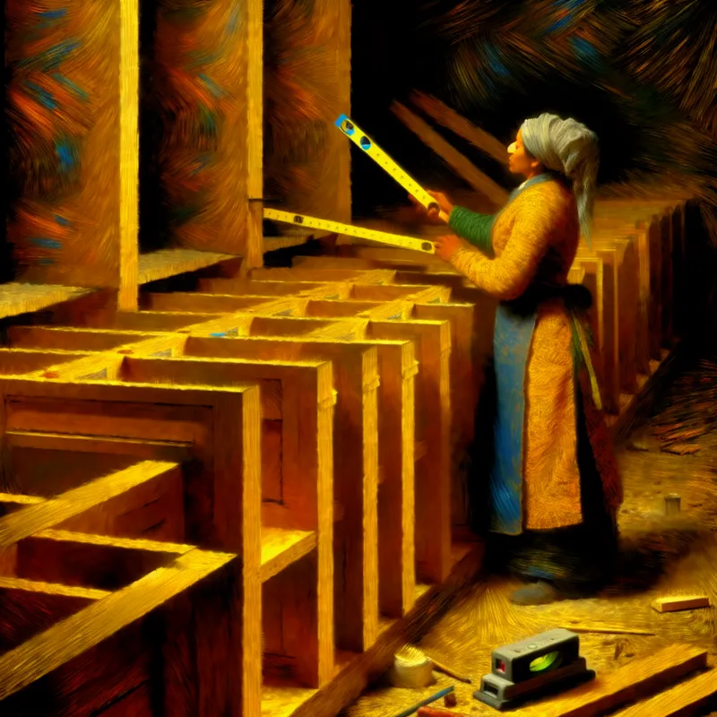 Schilderij in Van Gogh-stijl van een timmerman die houten keukenkasten nauwkeurig ordent en uitlijnt tijdens de bouw