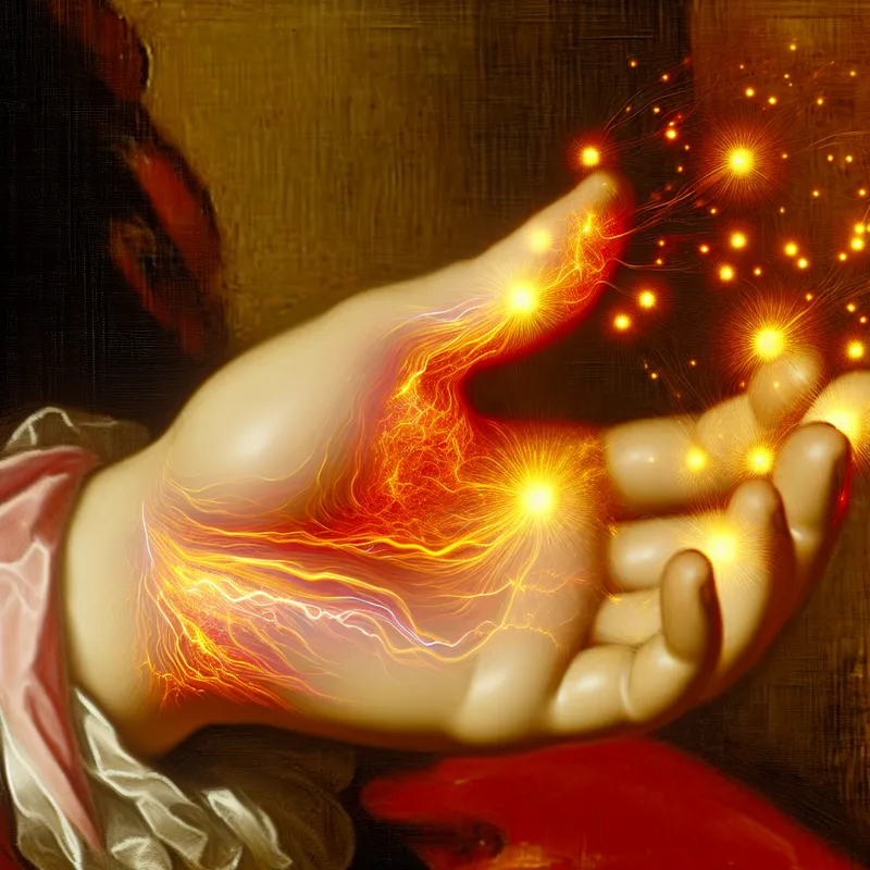 Barokke illustratie van een hand met gouden tintelende sensaties als vonken rond de vingertoppen en handpalm, die de lichamelijke gewaarwording van tintelen weergeeft