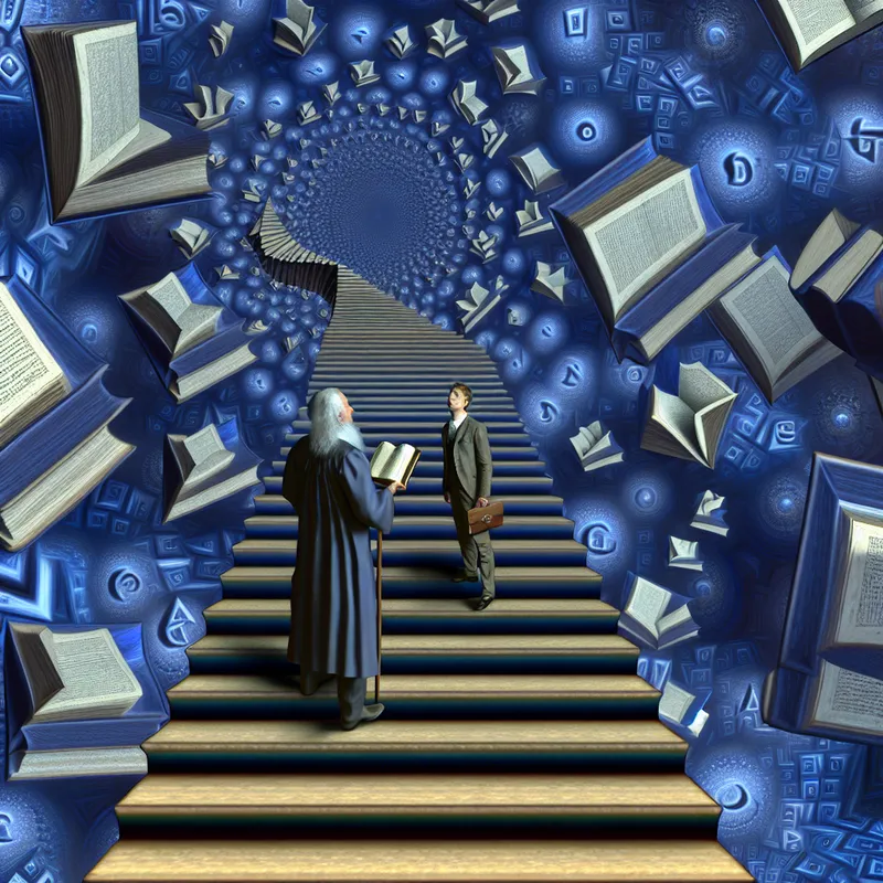 Surrealistische academische scène in de stijl van M.C. Escher met een student die een professor met respect aanspreekt op een onmogelijke trap, omringd door zwevende boeken en optische illusies