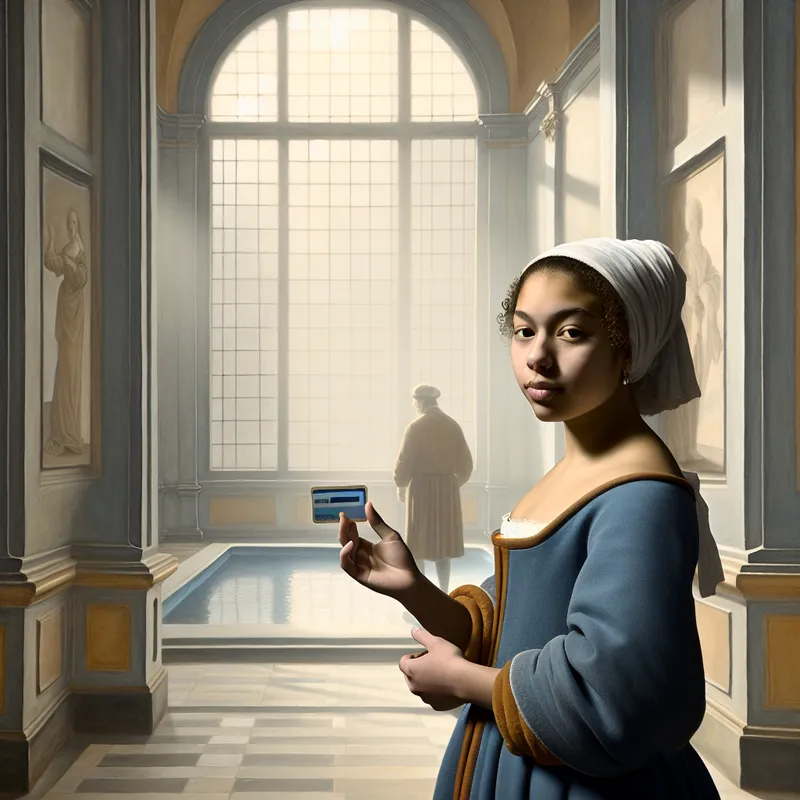 Jonge vrouw toont een toegangskaart bij de ingang van een zonnig gebouw in Vermeer-stijl