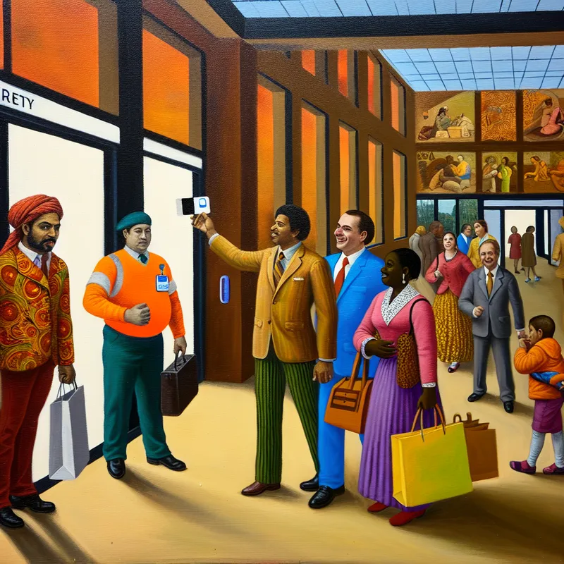 Een levendige scène bij de ingang van een modern gebouw met een persoon die een toegangspas met chip vasthoudt en een diverse groep mensen laat door een slimme toegangspoort.