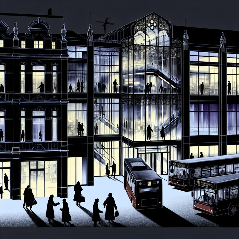 Moderne kantoorgebouw met grote uitnodigende deuren en een transparante glazen gevel, mensen die in- en uitlopen, stadsbussen op de achtergrond