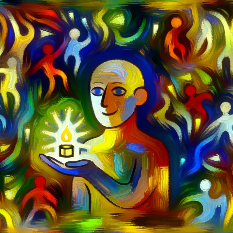 Abstracte voorstelling van een persoon die lichtjes schaapachtig een kleine fout of vergetelheid toegeeft, omringd door kleurrijke, zwierige vormen in de stijl van Karel Appel