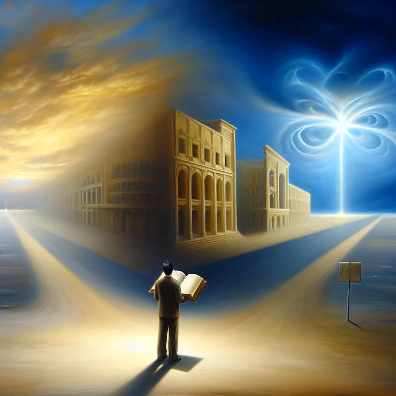 Persoon met open boek met lege pagina's bij kruispunt in surrealistisch landschap, symboliserend hoop en mogelijkheden voor de toekomst