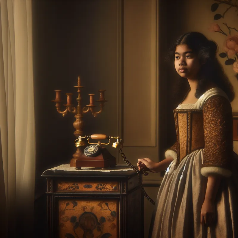 Jonge vrouw naast vintage telefoon in zacht verlichte kamer, stijl van Gerard ter Borch